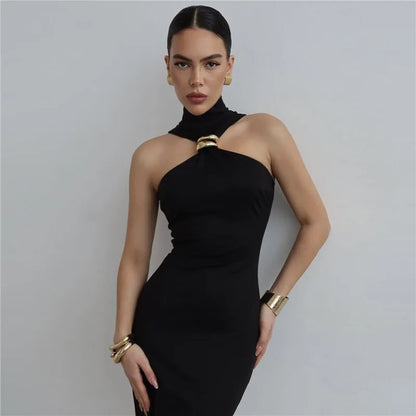 TURTLENECK OFF-SHOULDER BLACK MIDI DRESS