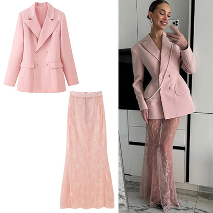 Pink suit with coat and skirt on a white background, and a woman wearing the suit in a mirror reflection.