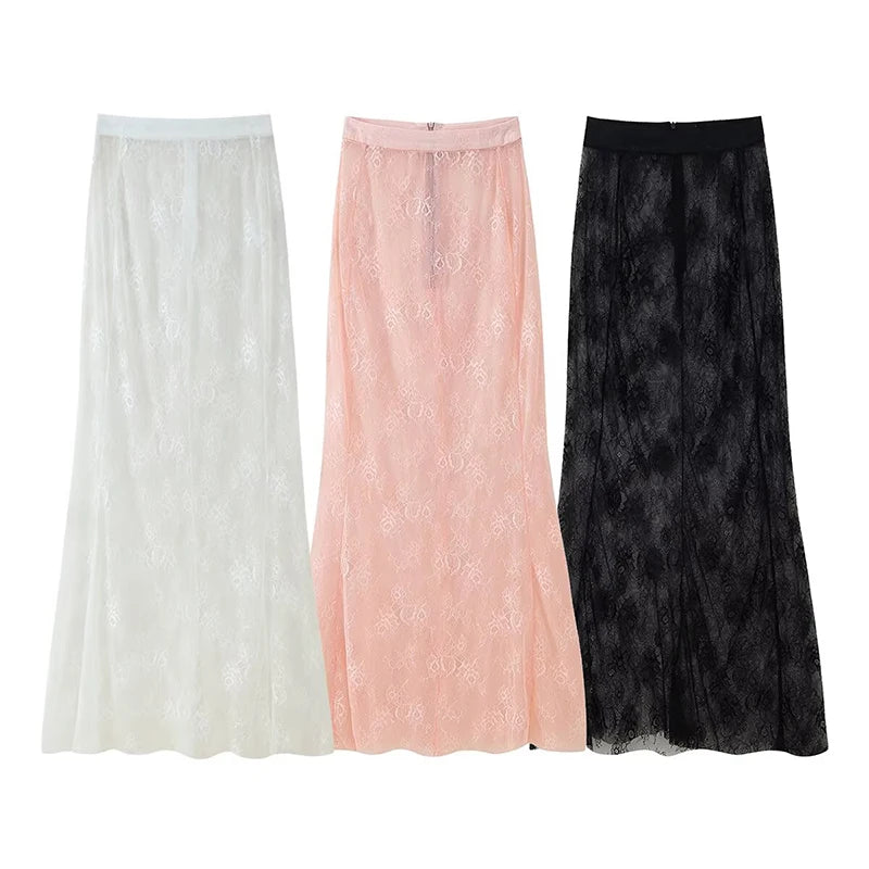 Elegant Blazer and Lace Skirt Set – Women’s Two-Piece Double Breasted Jacket with Sheer Lace Maxi Skirt – Formal Party and Evening Outfit