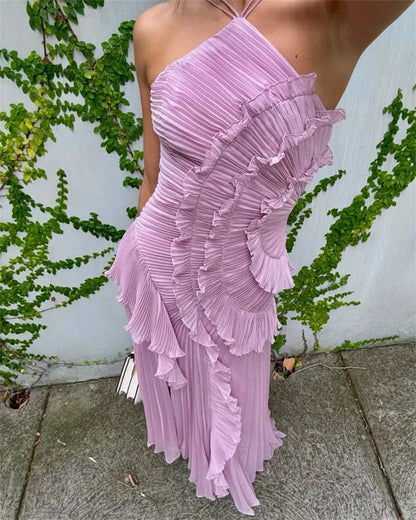 Lavender One-Shoulder Ruffled Maxi Dress – Elegant Pleated Backless Gown for Evening Events