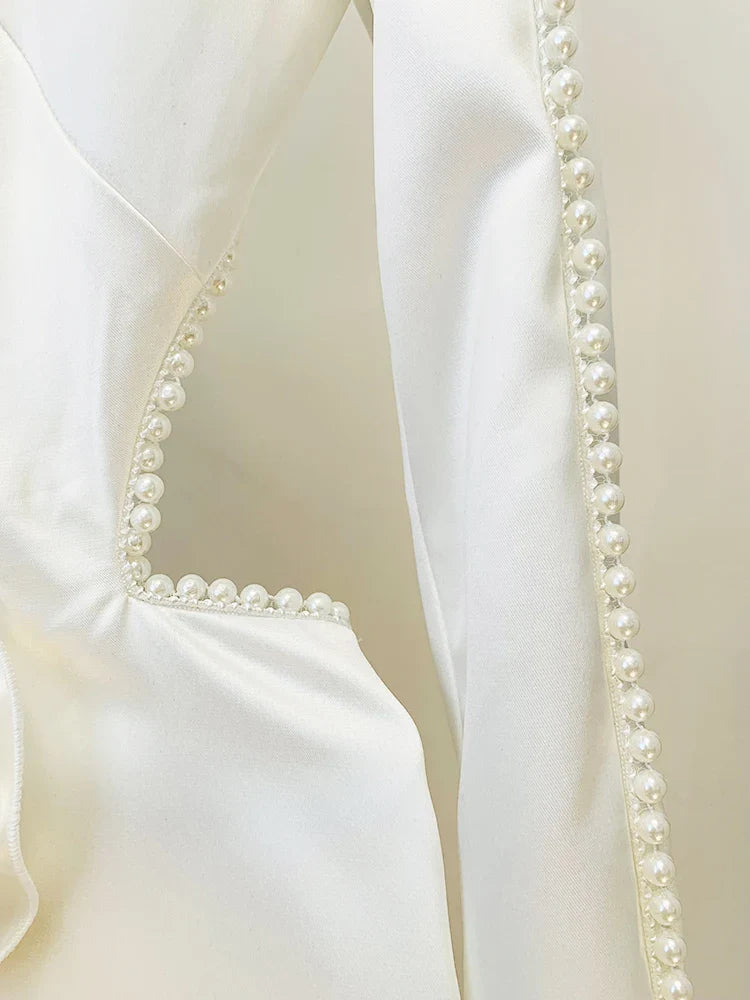 HOLLOW OUT FLOWERS APPLIQUES PEARLS BEADED BLAZER GAUZE PANTS
