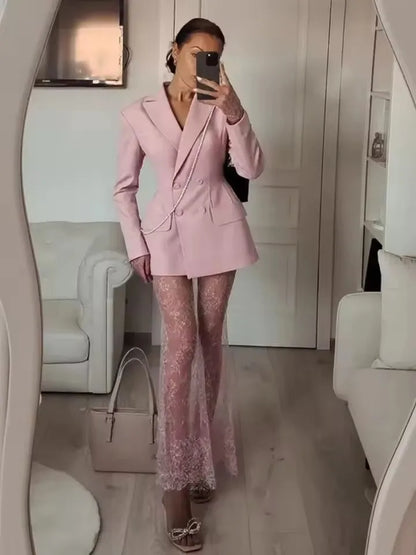 Elegant Blazer and Lace Skirt Set – Women’s Two-Piece Double Breasted Jacket with Sheer Lace Maxi Skirt – Formal Party and Evening Outfit