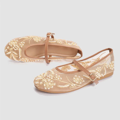 Embroidered Mesh Ballet Flats – Beaded Mary Jane Shoes with Pearl Details for Women