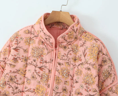 Printed Quilted Cotton Jacket – V Neck Loose Fit Single Breasted Outerwear for Women