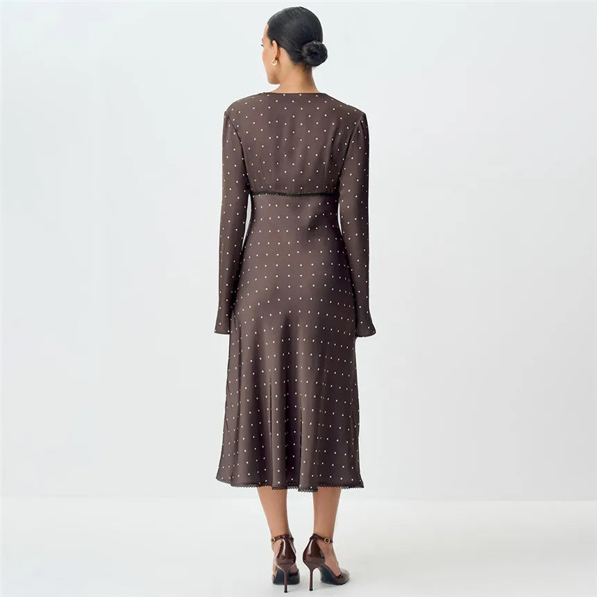 V-neck Polka Dot Long Sleeve Midi Dress – Women’s Elegant Spring Dress