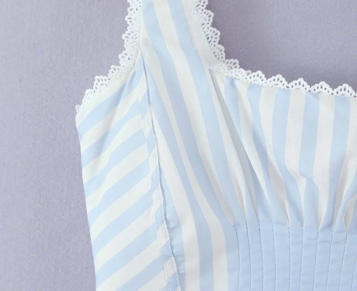 Light Blue Lace Trim Striped Corset Cami Top for Women