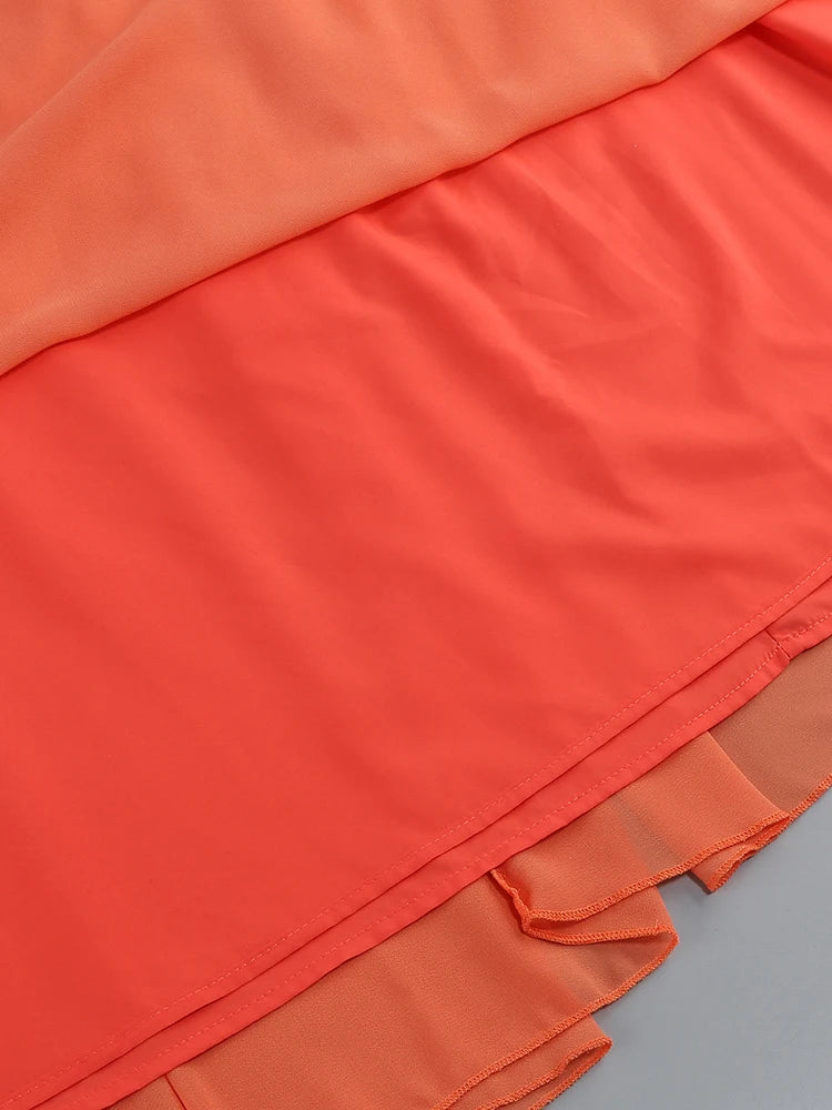 Orange Backless Halter V Neck Ruffles Patchwork Maxi Dress