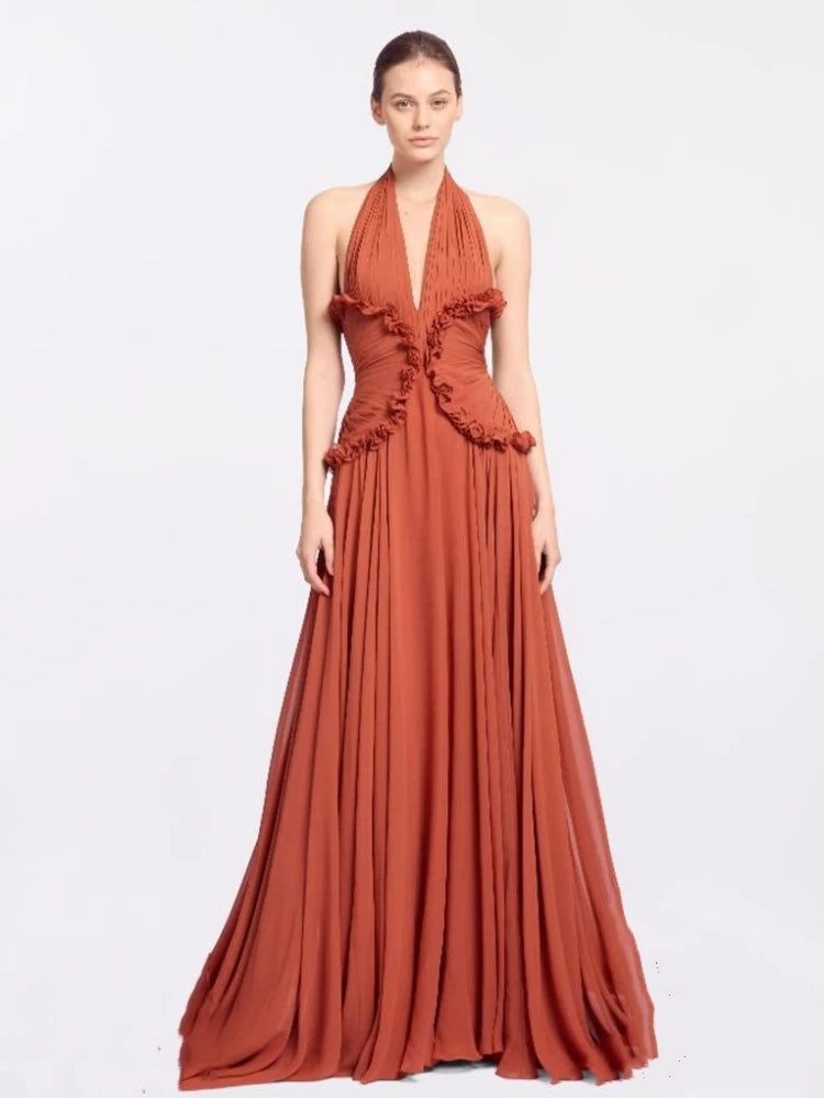Orange Backless Halter V Neck Ruffles Patchwork Maxi Dress