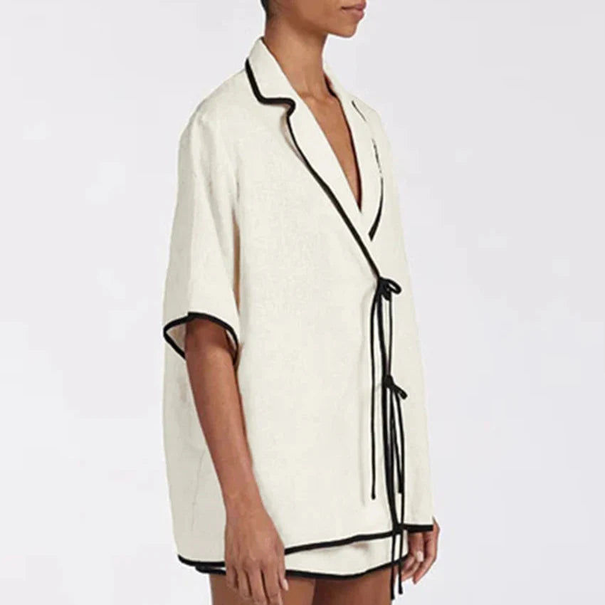 BEIGE COTTON SET HALF SLEEVE BLOUSE and MINI SKIRT