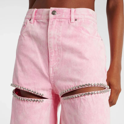 PINK HIGH WAIST DENIM TROUSERS SPLICED DIAMONDS HOLLOW OUT