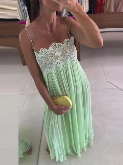 Beach Floral Lace Women's Summer Dress Sheer Hollow Out Pleated Long Spaghetti Strap Long Dresses 2026 Lady Loose Green Sundress