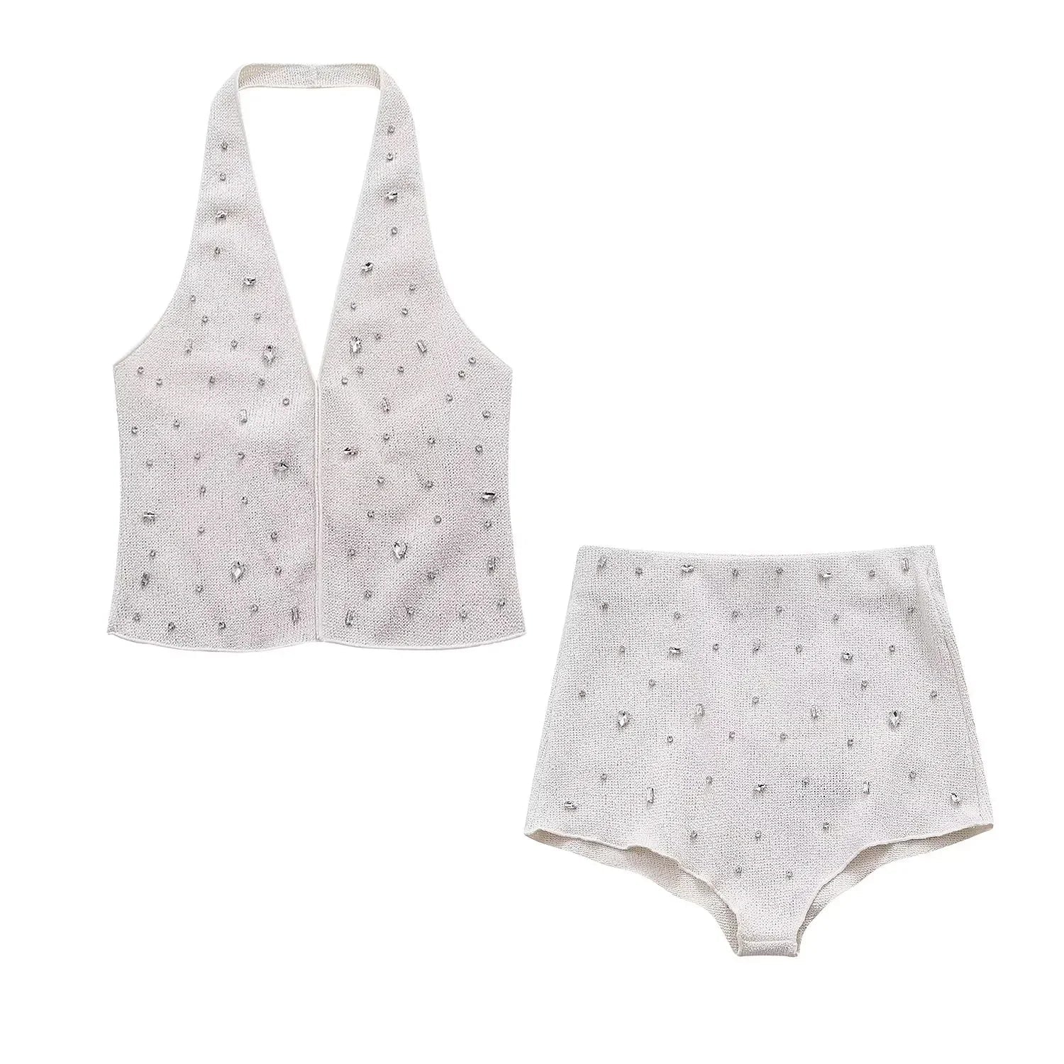 RHINESTONES HIGH WAIST SHORTS and HALTER TOP 2 PEACE SET