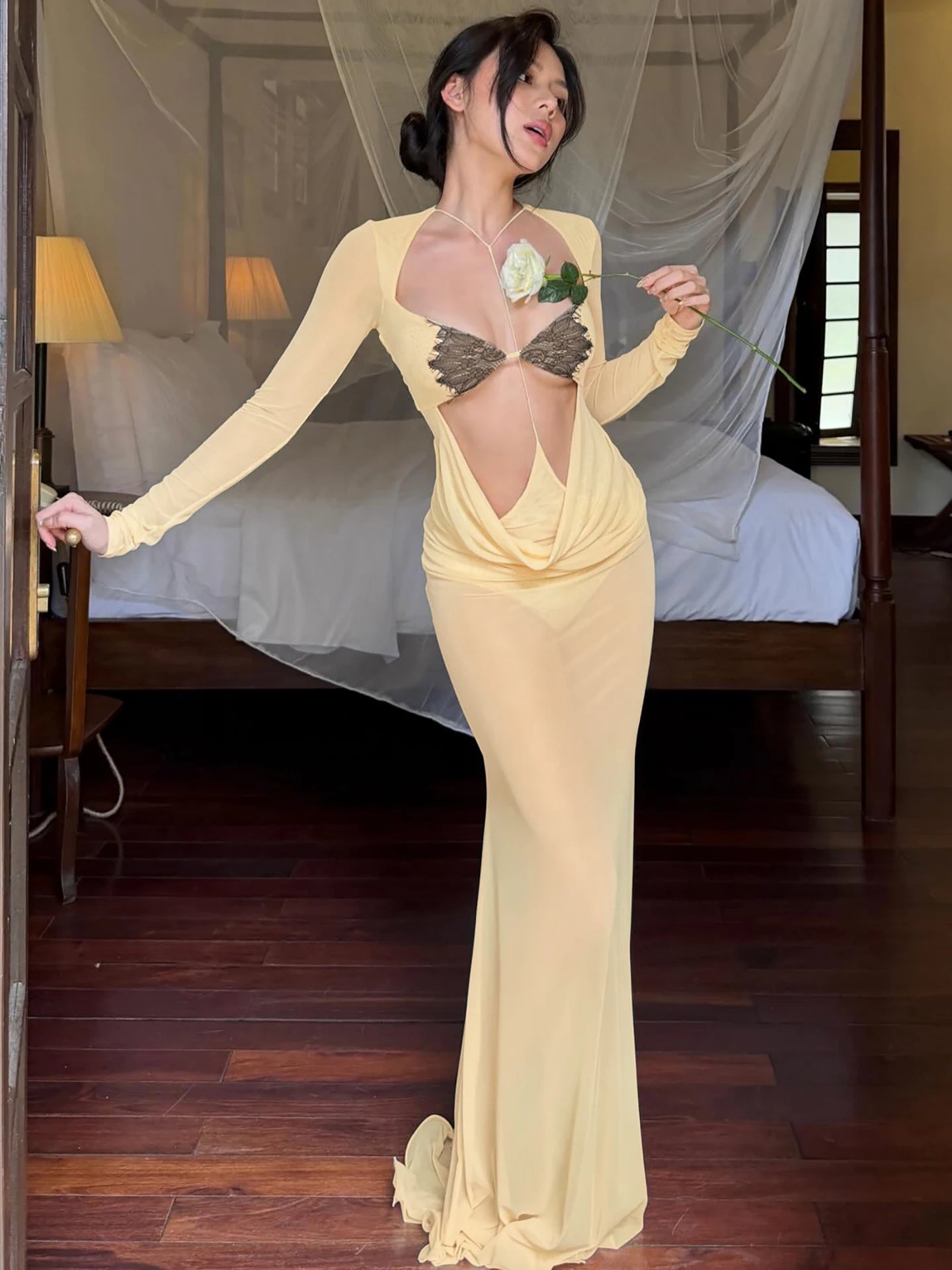 Butter Yellow Lace Cutout Sheer Maxi Dress