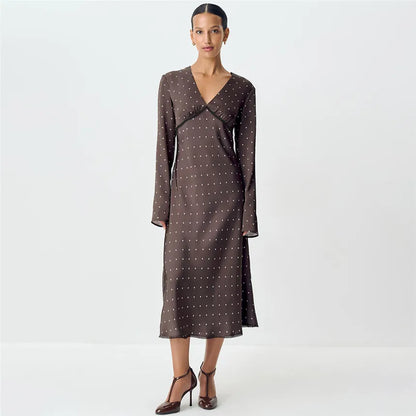 V-neck Polka Dot Long Sleeve Midi Dress – Women’s Elegant Spring Dress