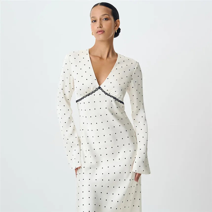 V-neck Polka Dot Long Sleeve Midi Dress – Women’s Elegant Spring Dress