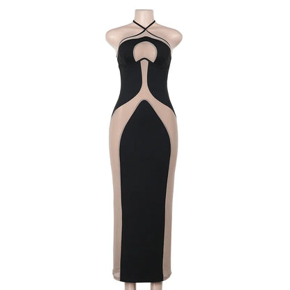 HOLLOW OUT NECK HANGING SLIT MESH BLACK MIDI DRESS