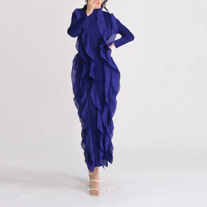 BLUE LONG SLEEVE MAXI DRESS with RUFFLES