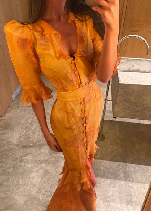 Padded Shoulder Ruffle Maxi Dress V-neck Low Slit Waist Cinching 2026 Springr Holiday Women Flowy Gown Chic Fashion Vestidoes