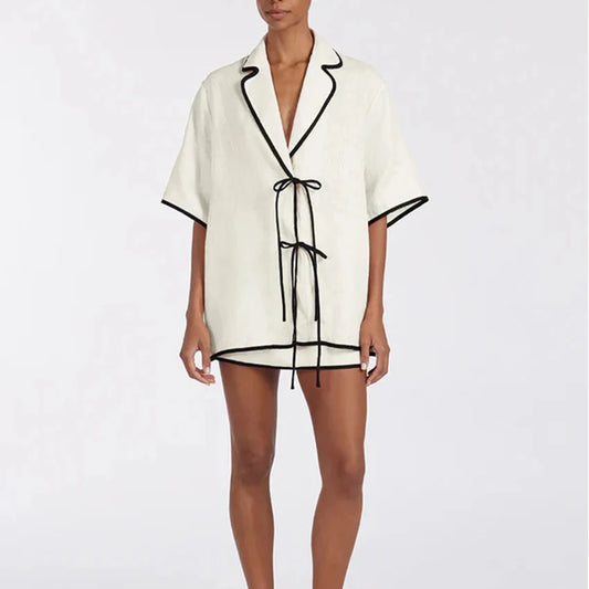BEIGE COTTON SET HALF SLEEVE BLOUSE and MINI SKIRT