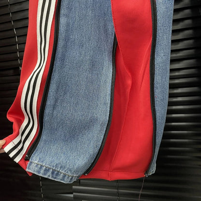 Wide Leg Contrast Zipper Jeans for Women – High Waist Streetwear Denim Pants
