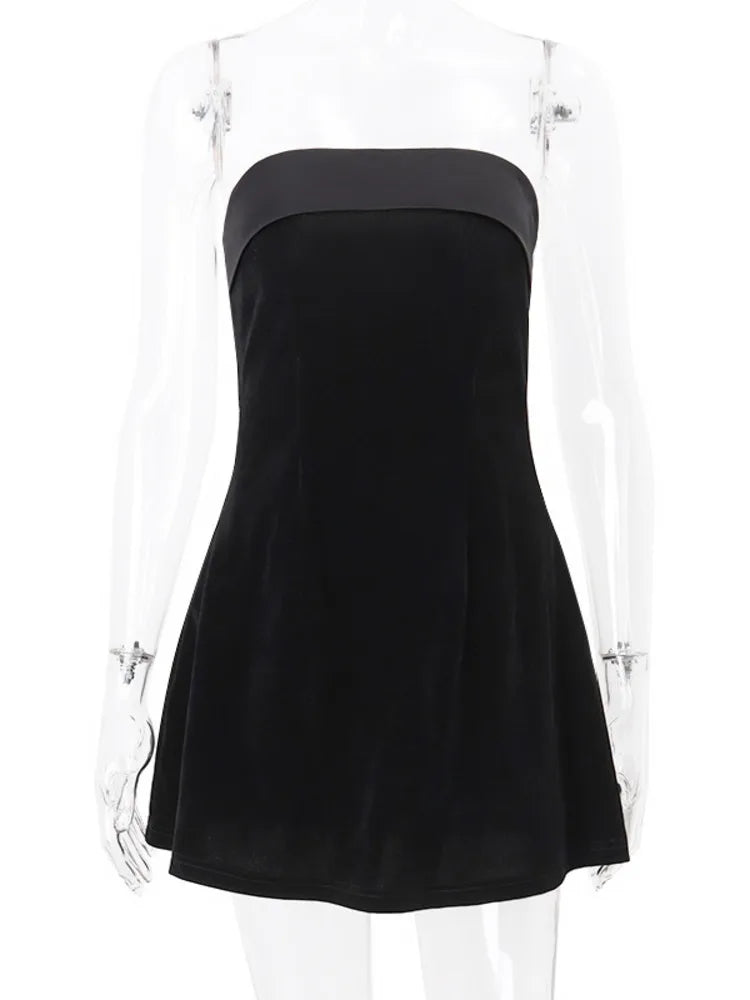 Velvet Strapless Mini Dress for Women – Backless Sexy A-line Party Outfit | Wine Red / Black