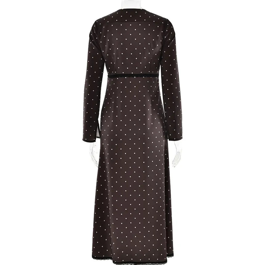 V-neck Polka Dot Long Sleeve Midi Dress – Women’s Elegant Spring Dress