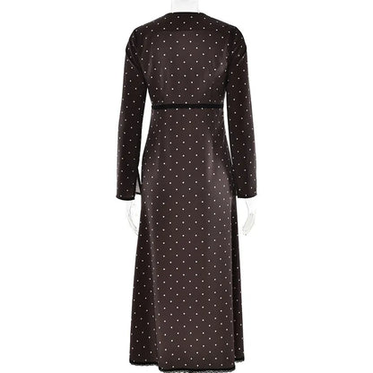 V-neck Polka Dot Long Sleeve Midi Dress – Women’s Elegant Spring Dress