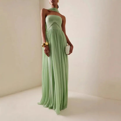 Sage Green Pleated Maxi Dress with Halter Neck and Elegant Flowy Skirt