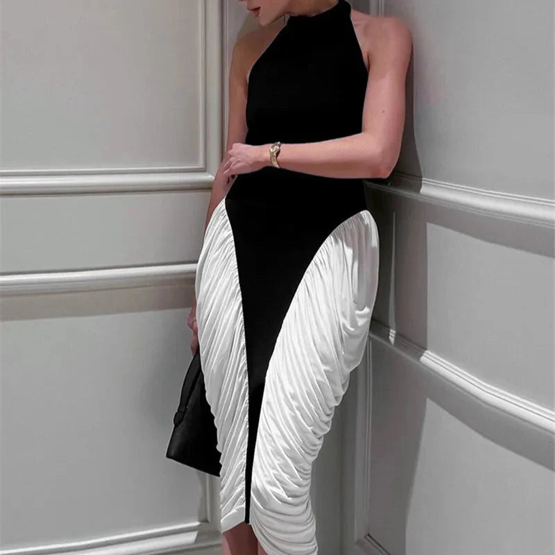 PATCHWORK SLEEVELESS BLACK and WHITE BODYCON MIDI DRESS