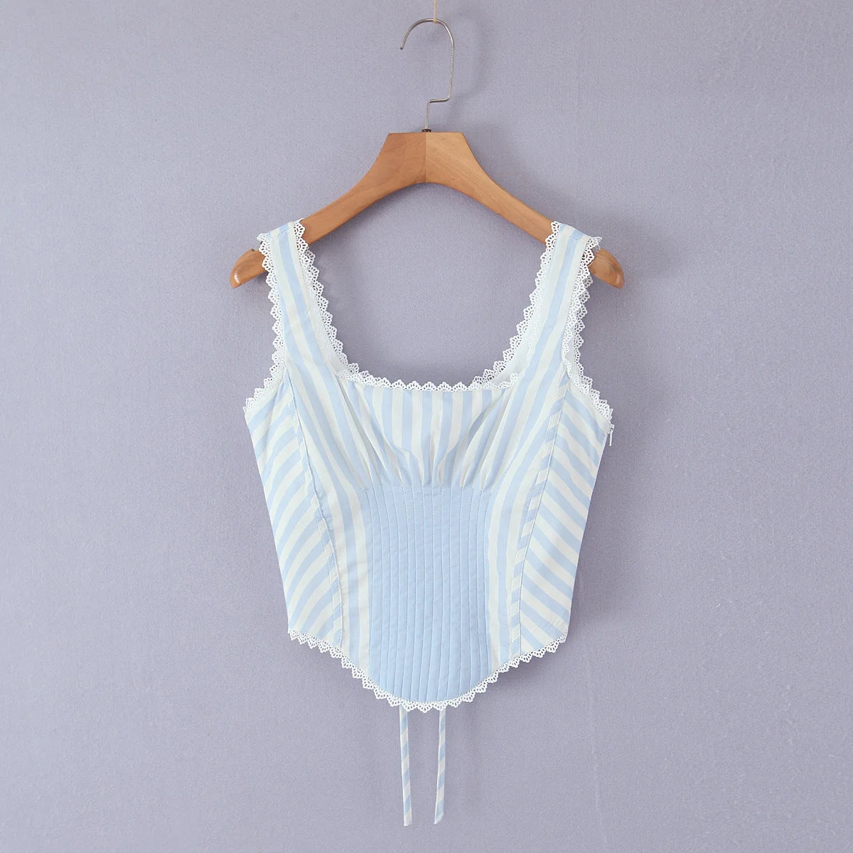 Light Blue Lace Trim Striped Corset Cami Top for Women