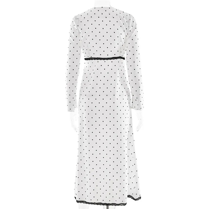 V-neck Polka Dot Long Sleeve Midi Dress – Women’s Elegant Spring Dress