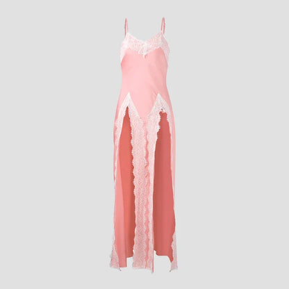 PINK LACE SATIN HIGH SLITS DRESS