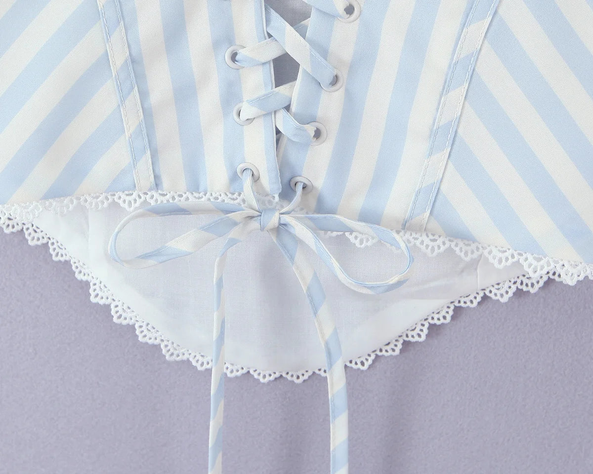 Light Blue Lace Trim Striped Corset Cami Top for Women