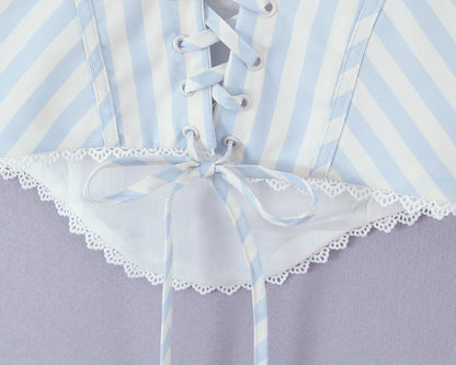 Light Blue Lace Trim Striped Corset Cami Top for Women