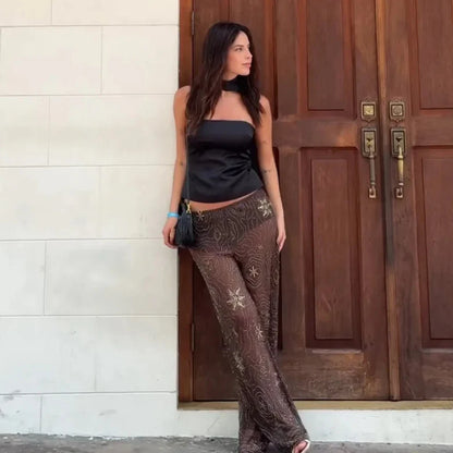 EMBOINED BROWN SEQUIN PANTS