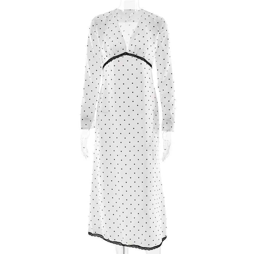 V-neck Polka Dot Long Sleeve Midi Dress – Women’s Elegant Spring Dress
