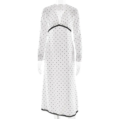 V-neck Polka Dot Long Sleeve Midi Dress – Women’s Elegant Spring Dress