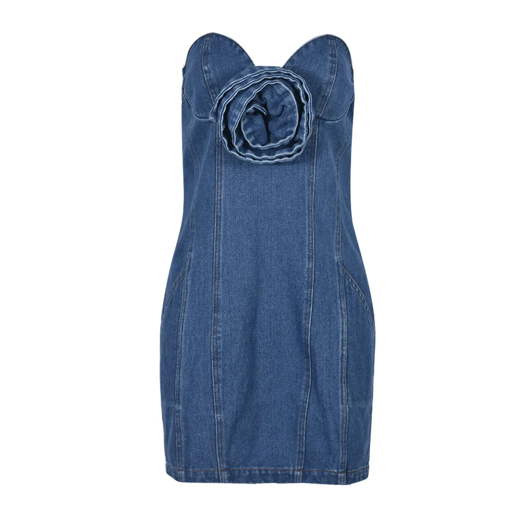 DENIM SLEEVELESS MINI DRESS with FLOWER DETAIL