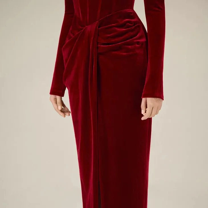 DARK RED MIDI DRESS with CORSET LONG SLEEVES and FRONT SLIT