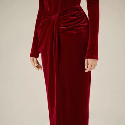 DARK RED MIDI DRESS with CORSET LONG SLEEVES and FRONT SLIT