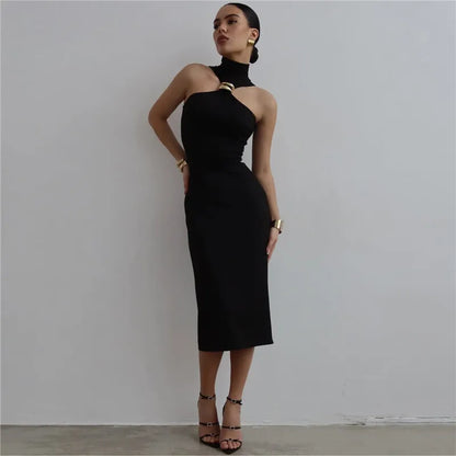 TURTLENECK OFF-SHOULDER BLACK MIDI DRESS