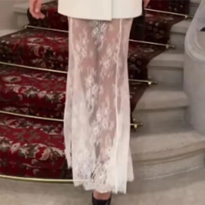 Elegant Blazer and Lace Skirt Set – Women’s Two-Piece Double Breasted Jacket with Sheer Lace Maxi Skirt – Formal Party and Evening Outfit