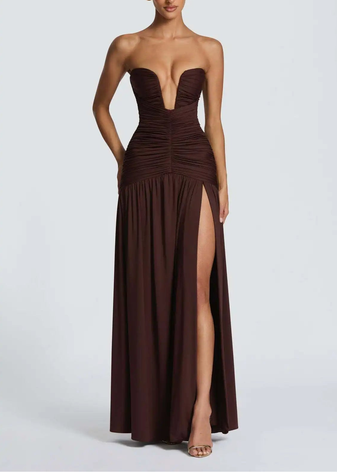 Elegant Deep V Strapless Ruched Maxi Dress