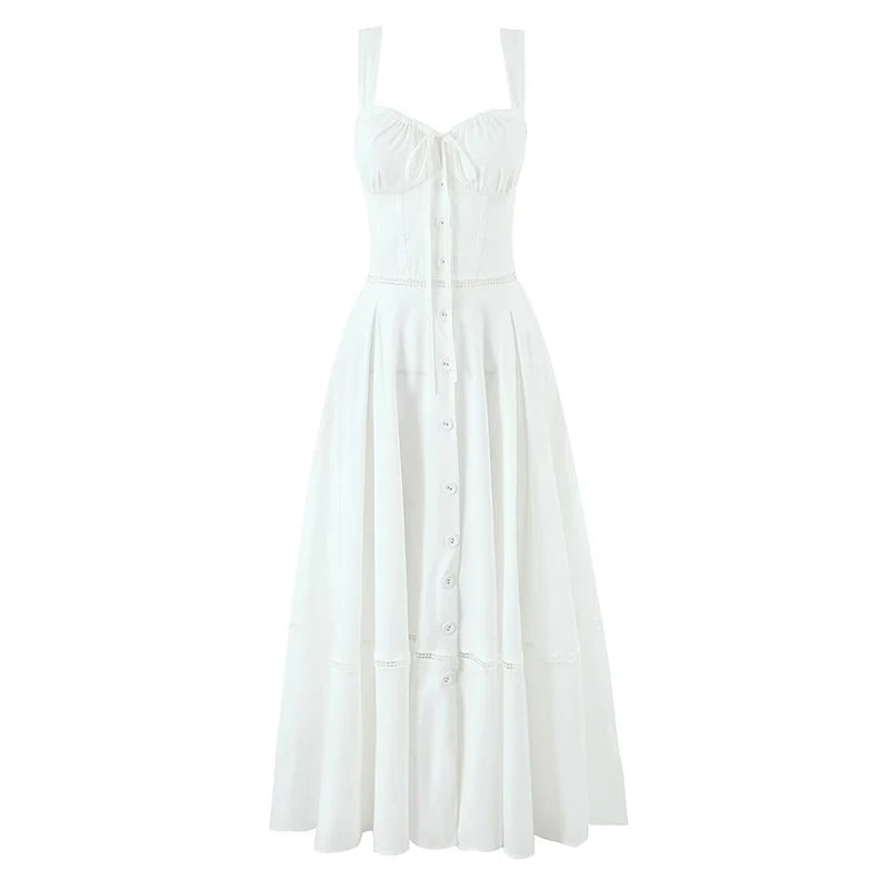 Elegant White Corset Midi Dress – A-line Cotton Summer Dress with Lace-Up Back