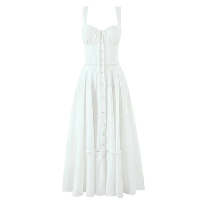 Elegant White Corset Midi Dress – A-line Cotton Summer Dress with Lace-Up Back