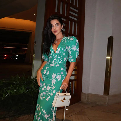 Blush Pink Polka Dot Maxi Dress with Puff Sleeves and Deep V-Neck