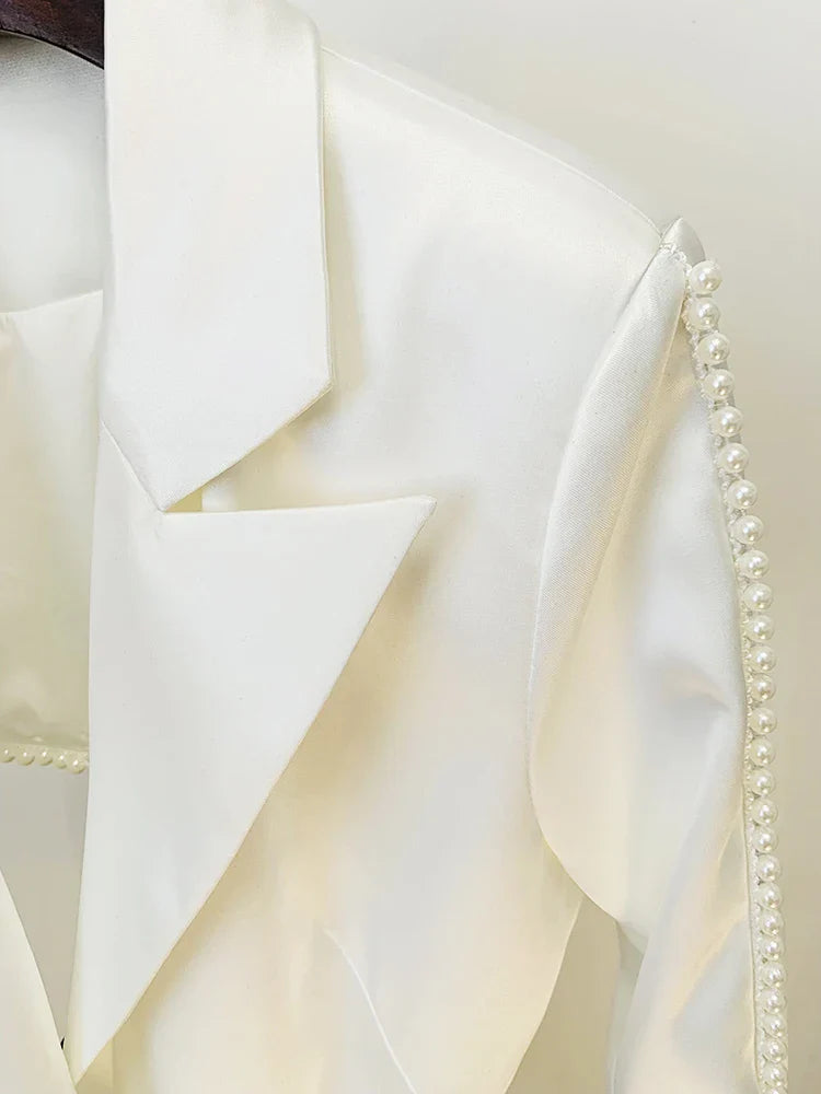 HOLLOW OUT FLOWERS APPLIQUES PEARLS BEADED BLAZER GAUZE PANTS