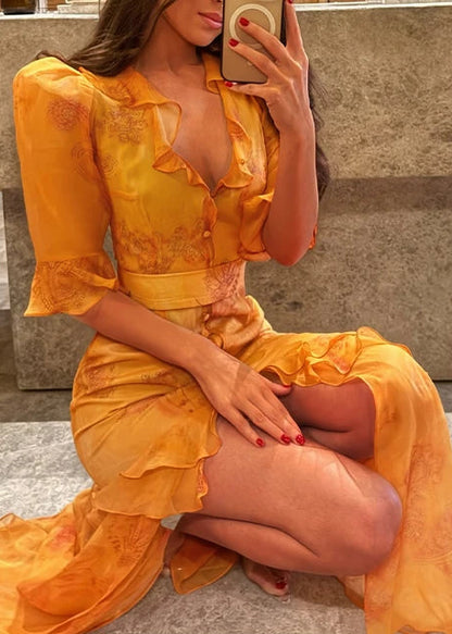 Padded Shoulder Ruffle Maxi Dress V-neck Low Slit Waist Cinching 2026 Springr Holiday Women Flowy Gown Chic Fashion Vestidoes