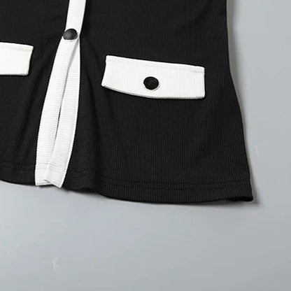 Elegant Black Knit Shorts and Top Set for Women – Chic Round Neck with White Trim and Pockets