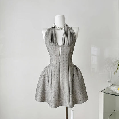 Gray Halter Neck Mini Dress – Sexy V-Neck Backless Party Dress for Women
